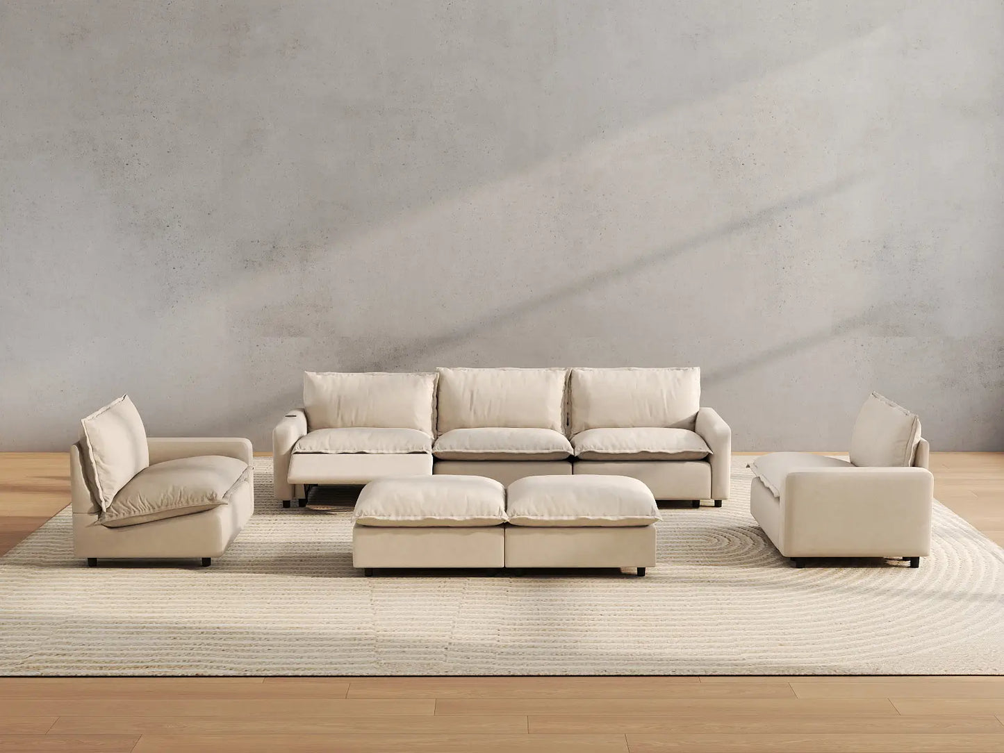 7 Piece Beige Linen Zero Gravity Mode Sofa Sets 5 Seater with 2 Ottomans 5