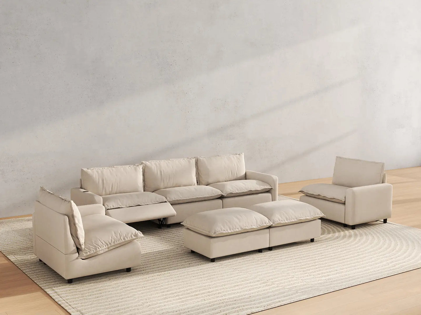 7 Piece Beige Linen Zero Gravity Mode Sofa Sets 5 Seater with 2 Ottomans 6