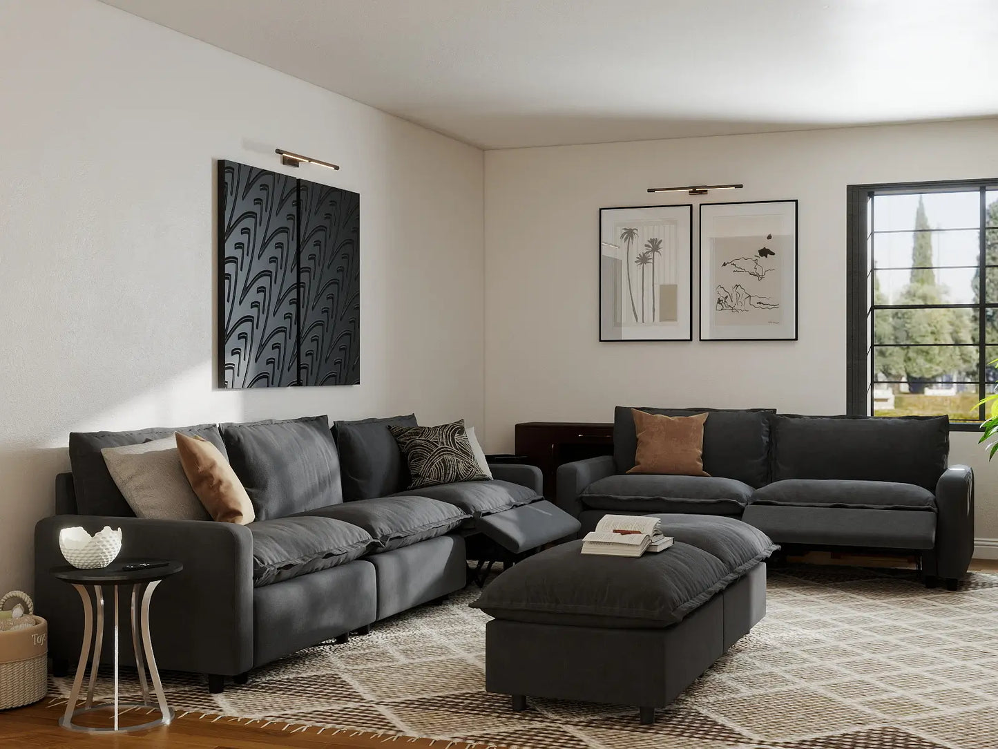 7 Piece Grey Linen Built In Footrest Sofa Sets 5 Seater with 2 Ottomans 7