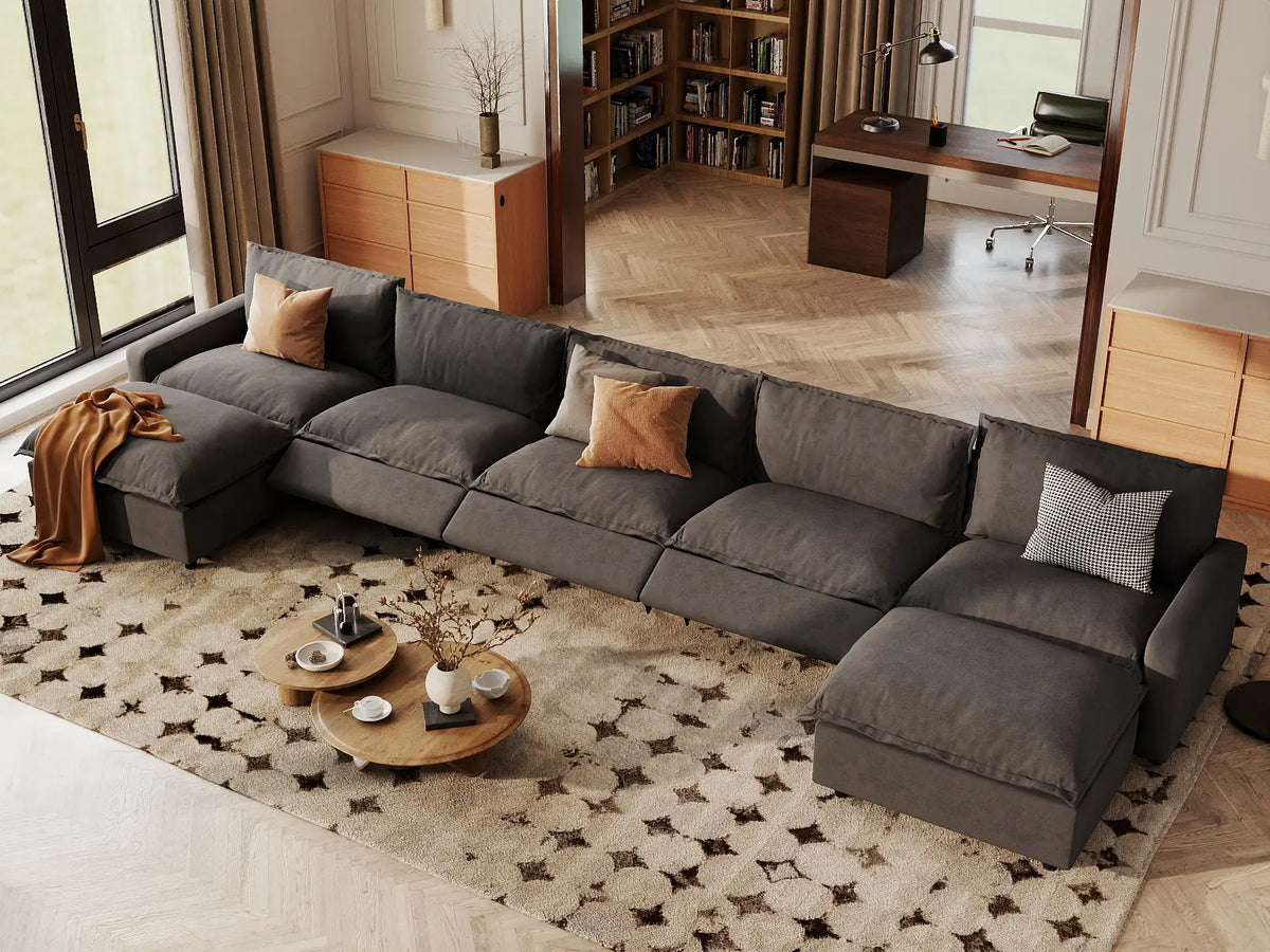 7 Piece Grey Linen Built In Footrest U Shaped Sectionals 5 Seater with 2 Ottomans 1