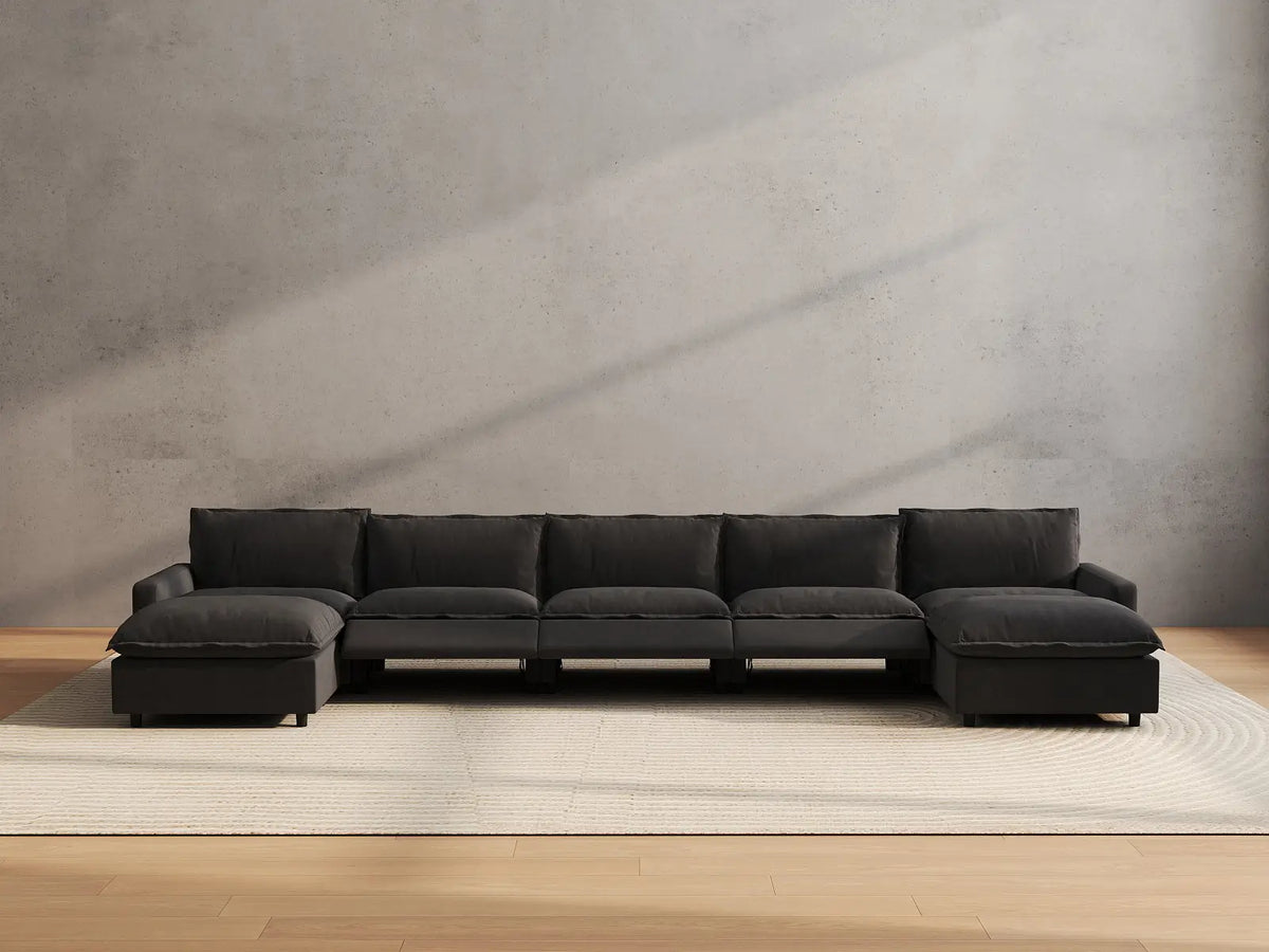 7 Piece Grey Linen Built In Footrest U Shaped Sectionals 5 Seater with 2 Ottomans 5