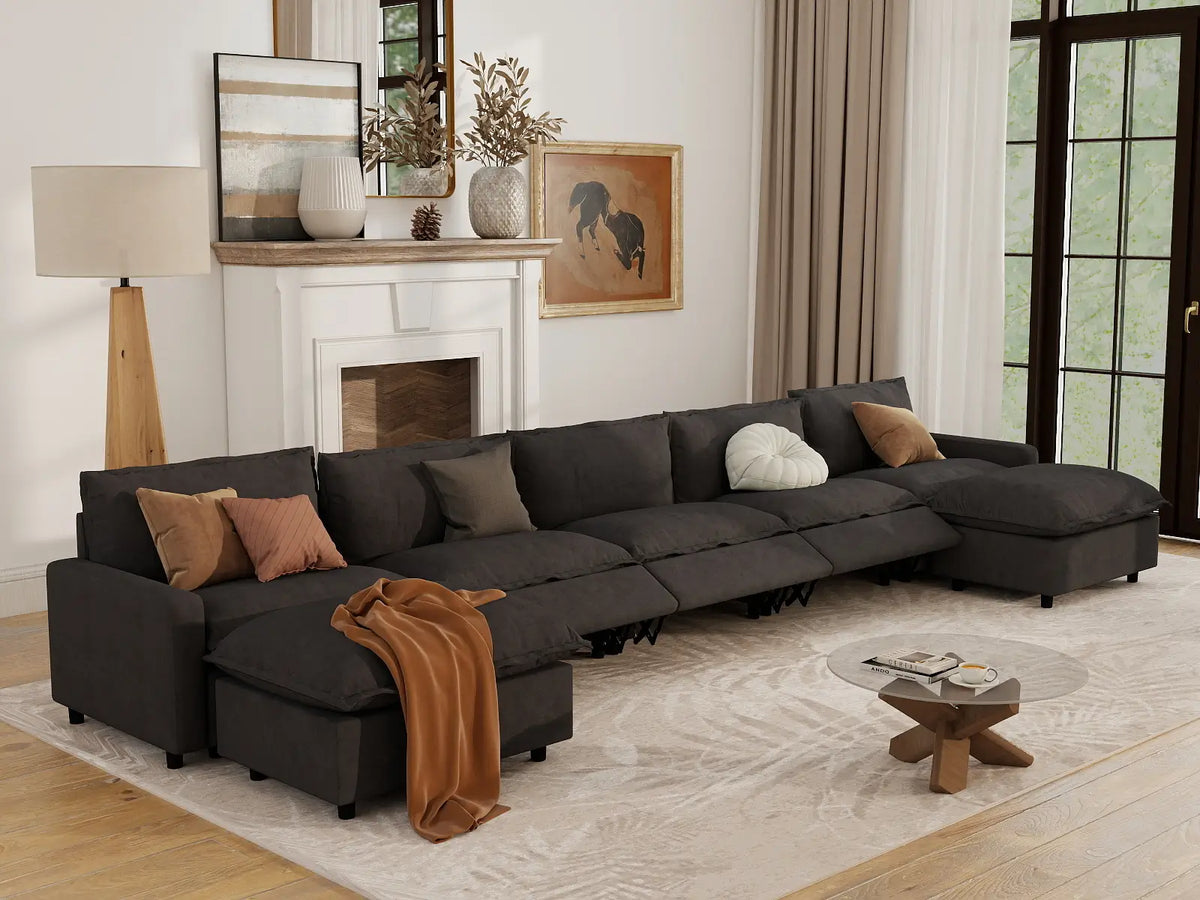 7 Piece Grey Linen Built In Footrest U Shaped Sectionals 5 Seater with 2 Ottomans 7