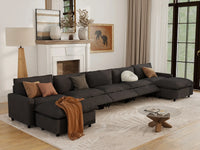 7 Piece Grey Linen Built In Footrest U Shaped Sectionals 5 Seater with 2 Ottomans 7
