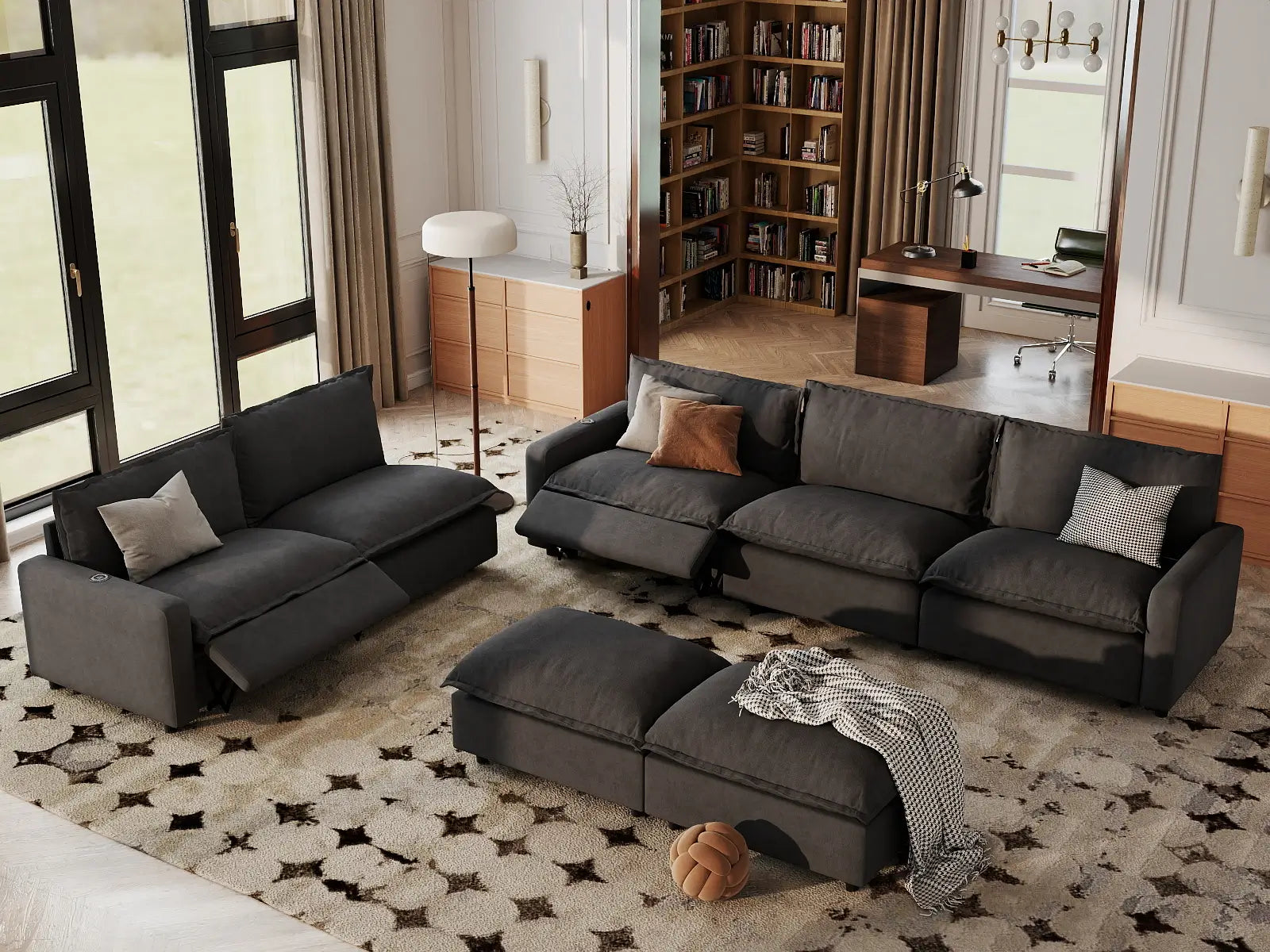 7 Piece Grey Linen Cinema Ready Sofa Sets 5 Seater with 2 Ottomans 1
