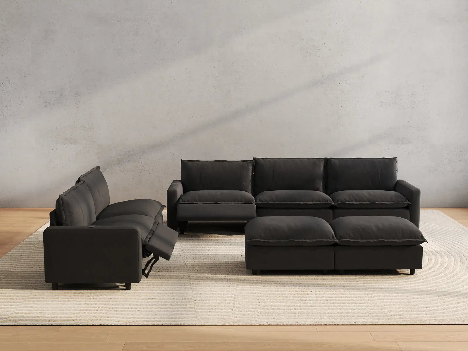 7 Piece Grey Linen Cinema Ready Sofa Sets 5 Seater with 2 Ottomans 5