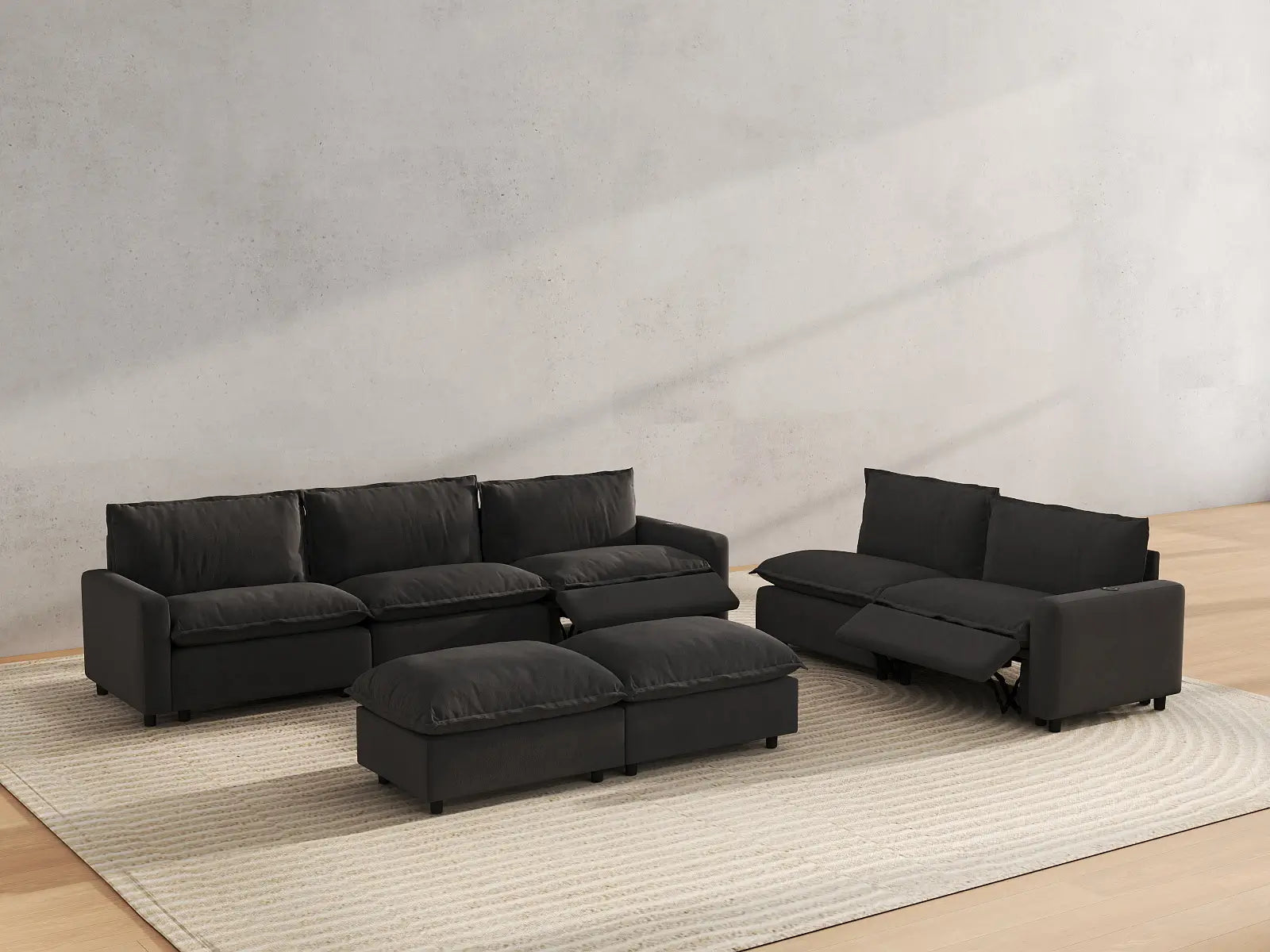 7 Piece Grey Linen Cinema Ready Sofa Sets 5 Seater with 2 Ottomans 6