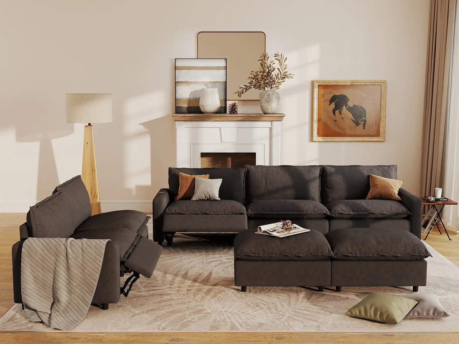 7 Piece Grey Linen Cinema Ready Sofa Sets 5 Seater with 2 Ottomans 7