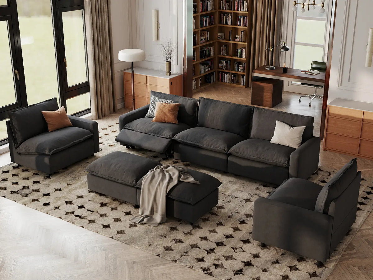 7 Piece Grey Linen Down Filled Back Sofa Sets 5 Seater with 2 Ottomans 1