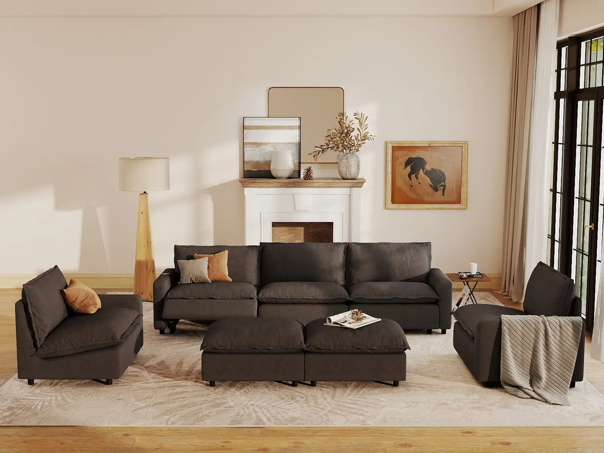 7 Piece Grey Linen Down Filled Back Sofa Sets 5 Seater with 2 Ottomans 7
