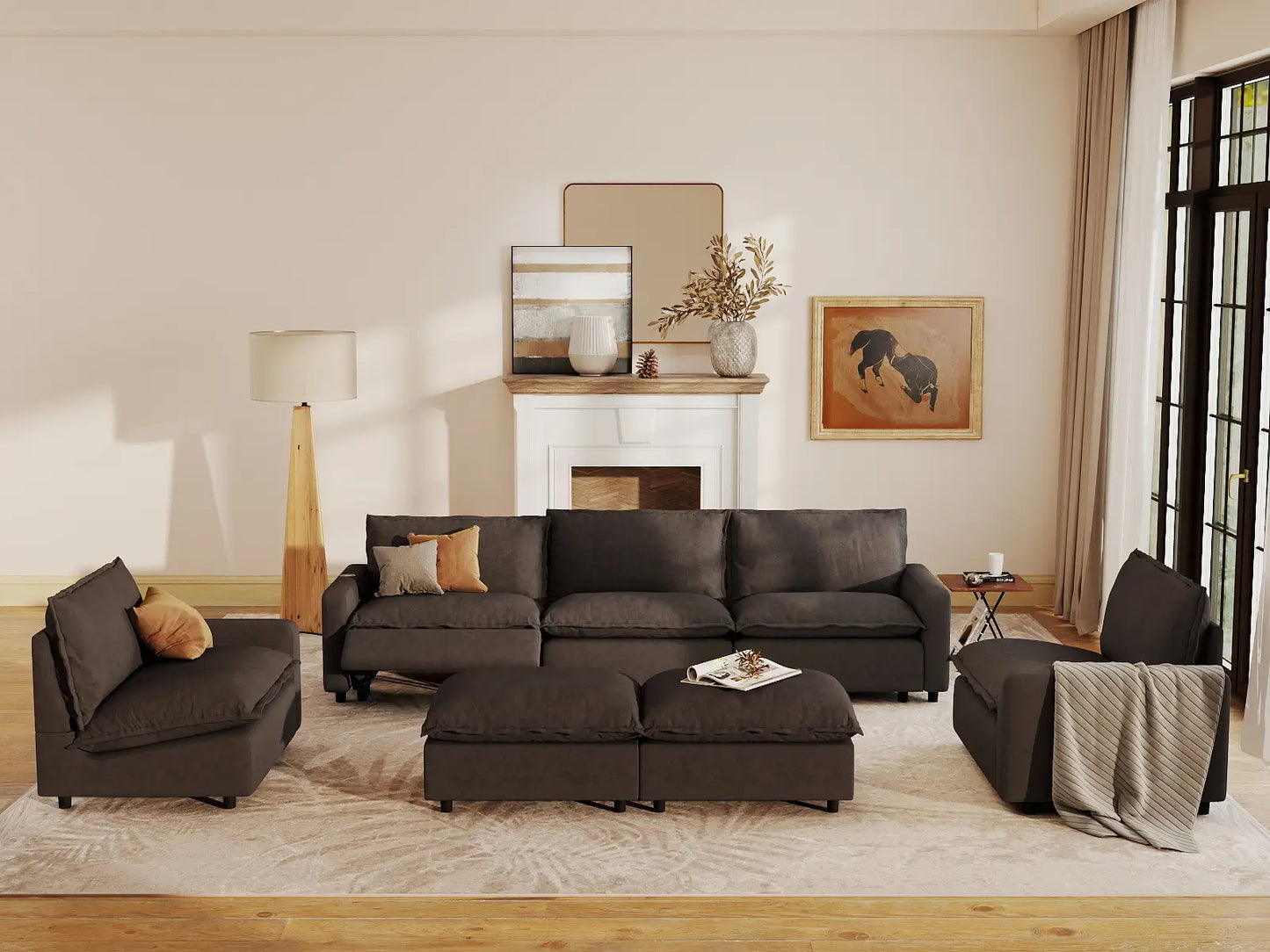 7 Piece Grey Linen Down Filled Back Sofa Sets 5 Seater with 2 Ottomans 7