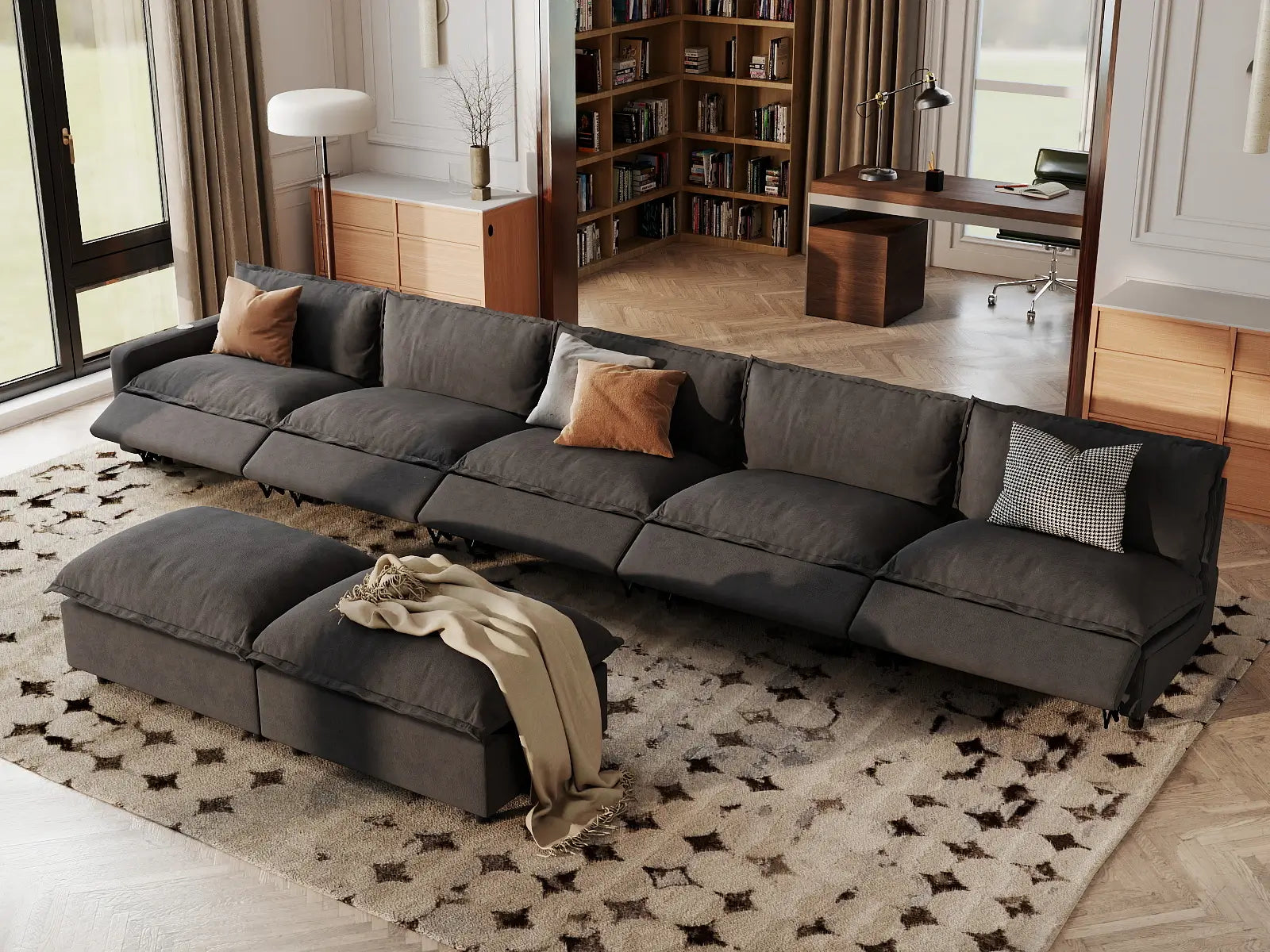 7 Piece Grey Linen Efficient Design Sofa Sets 5 Seater with 2 Ottomans 1