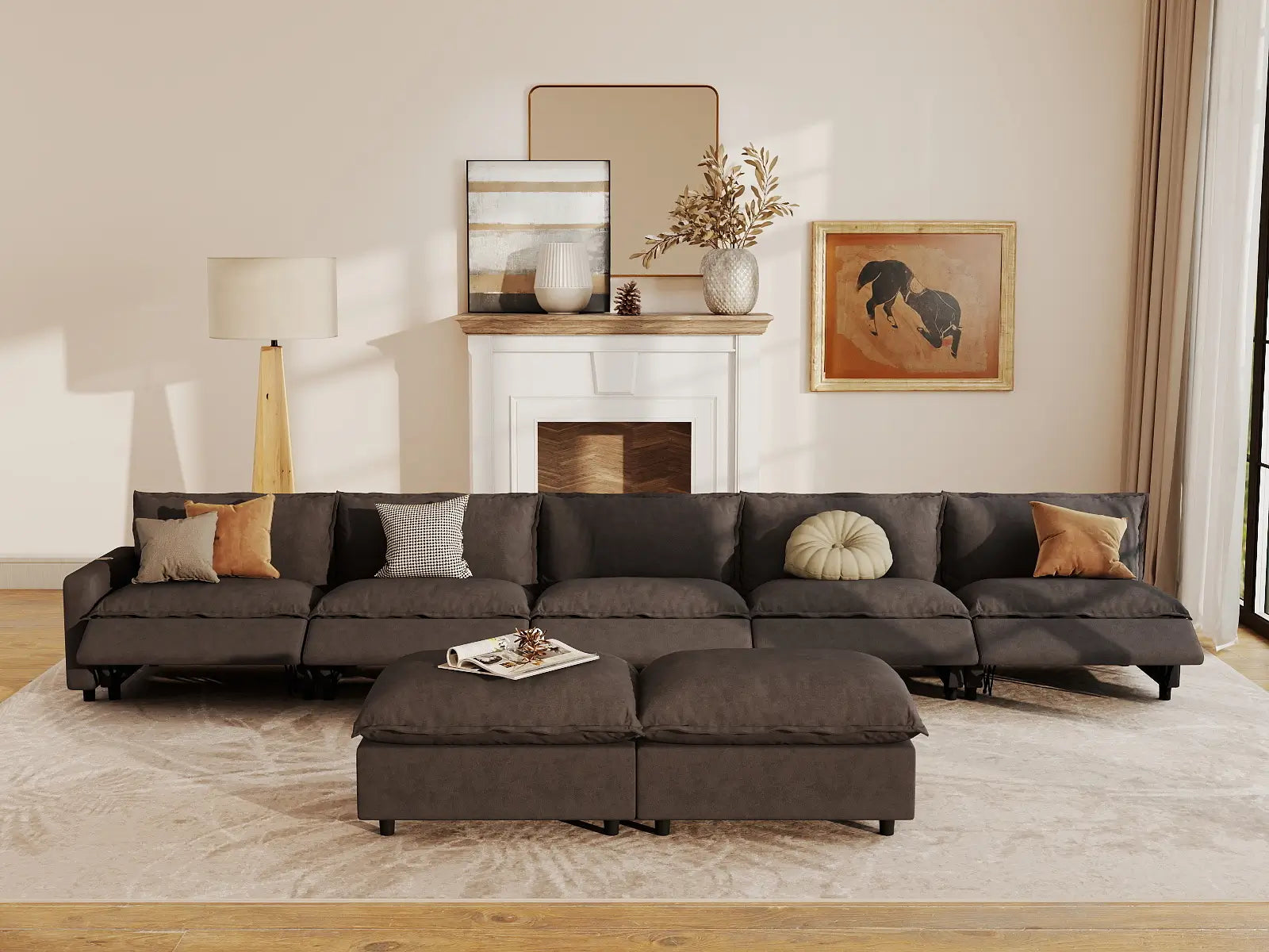 7 Piece Grey Linen Efficient Design Sofa Sets 5 Seater with 2 Ottomans 7