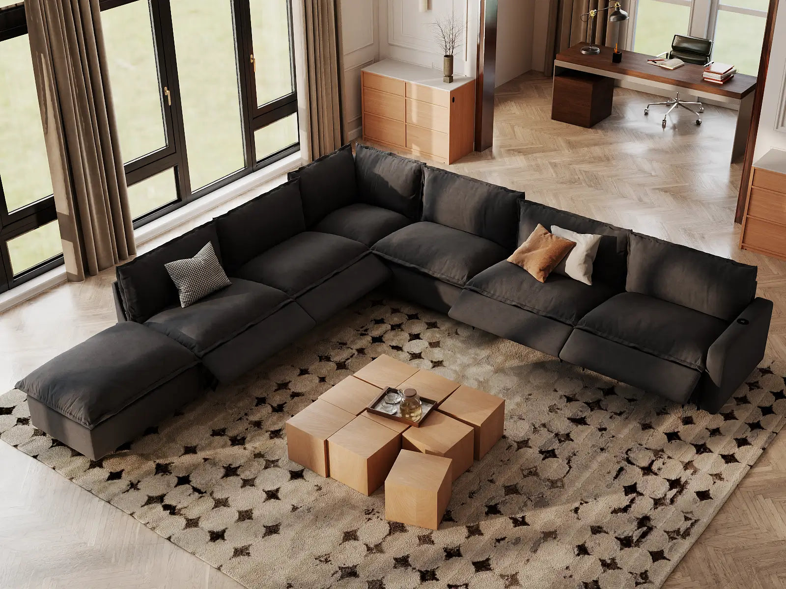 Modular Cero Reclining Sectionals | 7-Piece Grey Linen Grand Estate V-Shaped Sectionals 6-Seater with 1-Ottoman