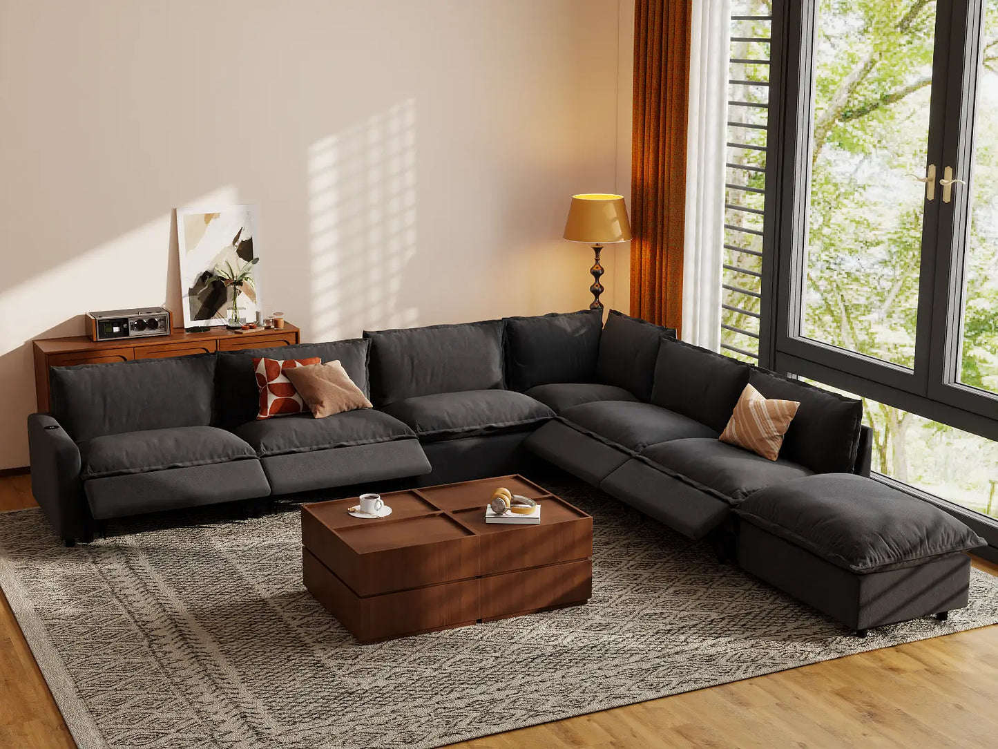 Modular Cero Reclining Sectionals | 7-Piece Grey Linen Grand Estate V-Shaped Sectionals 6-Seater with 1-Ottoman