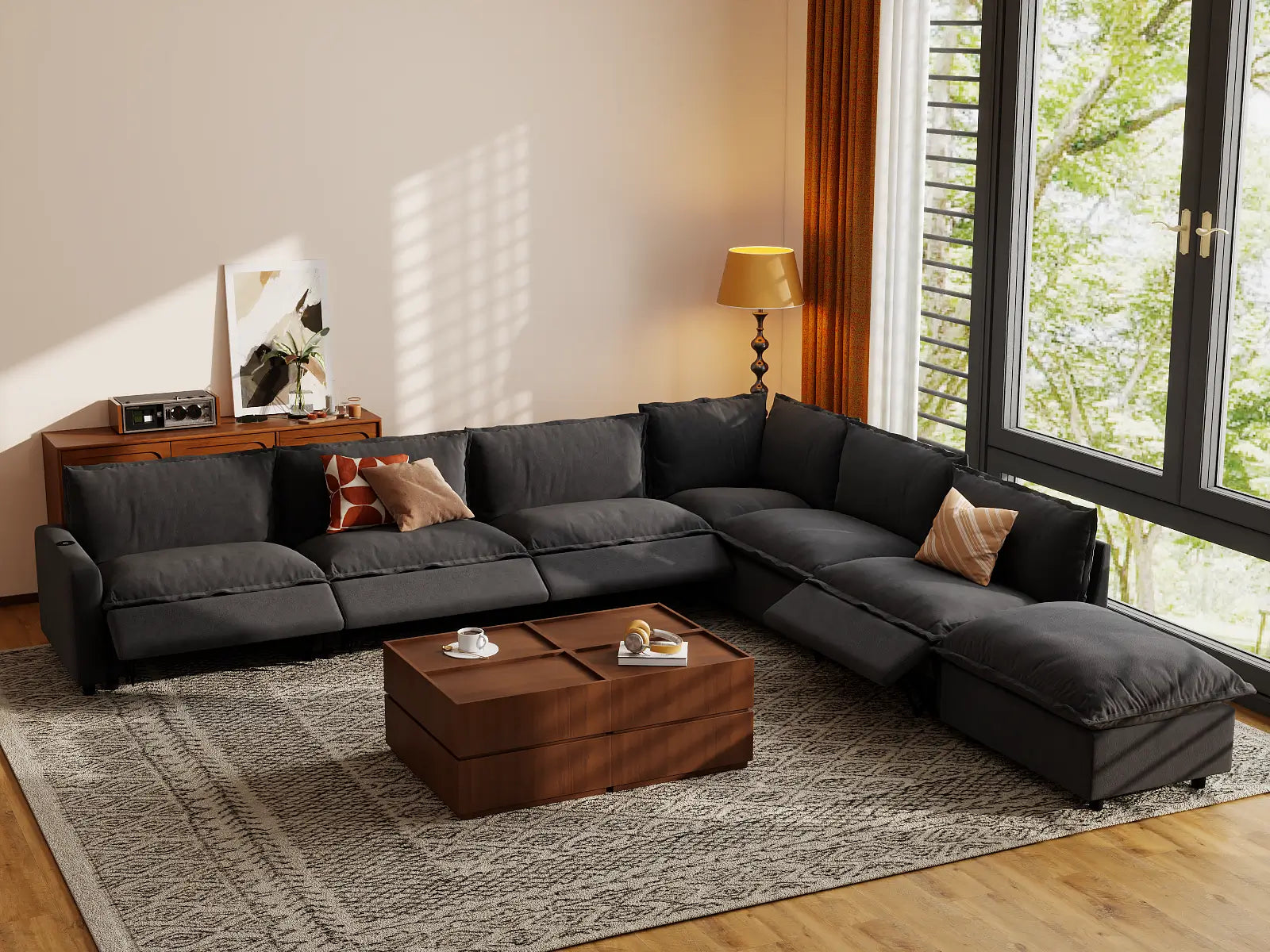 Modular Cero Reclining Sectionals | 7-Piece Grey Linen Grand Estate V-Shaped Sectionals 6-Seater with 1-Ottoman