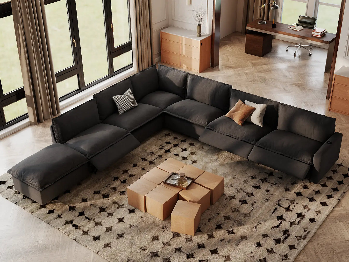 Modular Cero Reclining Sectionals | 7-Piece Grey Linen Grand Estate V-Shaped Sectionals 6-Seater with 1-Ottoman