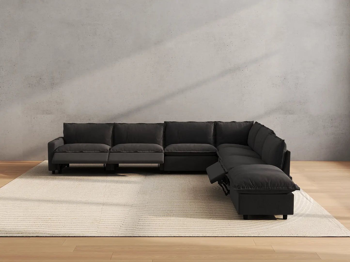Modular Cero Reclining Sectionals | 7-Piece Grey Linen Grand Estate V-Shaped Sectionals 6-Seater with 1-Ottoman