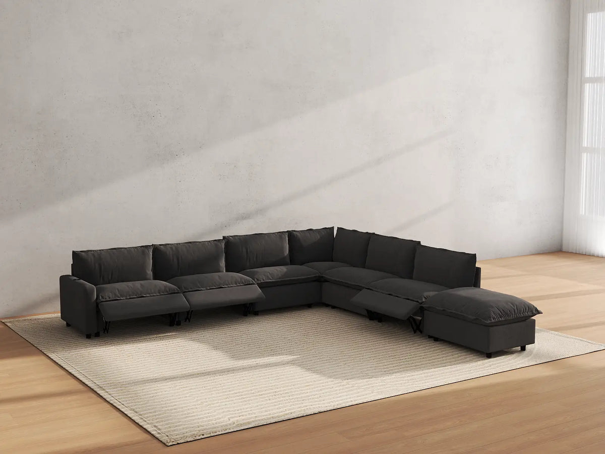 Modular Cero Reclining Sectionals | 7-Piece Grey Linen Grand Estate V-Shaped Sectionals 6-Seater with 1-Ottoman