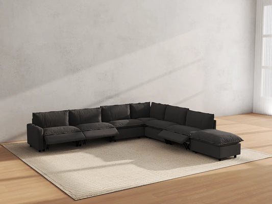 Modular Cero Reclining Sectionals | 7-Piece Grey Linen Grand Estate V-Shaped Sectionals 6-Seater with 1-Ottoman