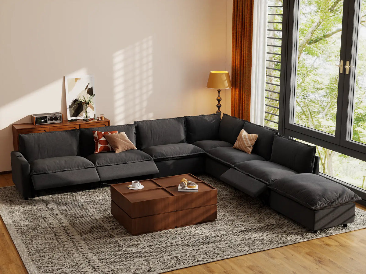 Modular Cero Reclining Sectionals | 7-Piece Grey Linen Grand Estate V-Shaped Sectionals 6-Seater with 1-Ottoman