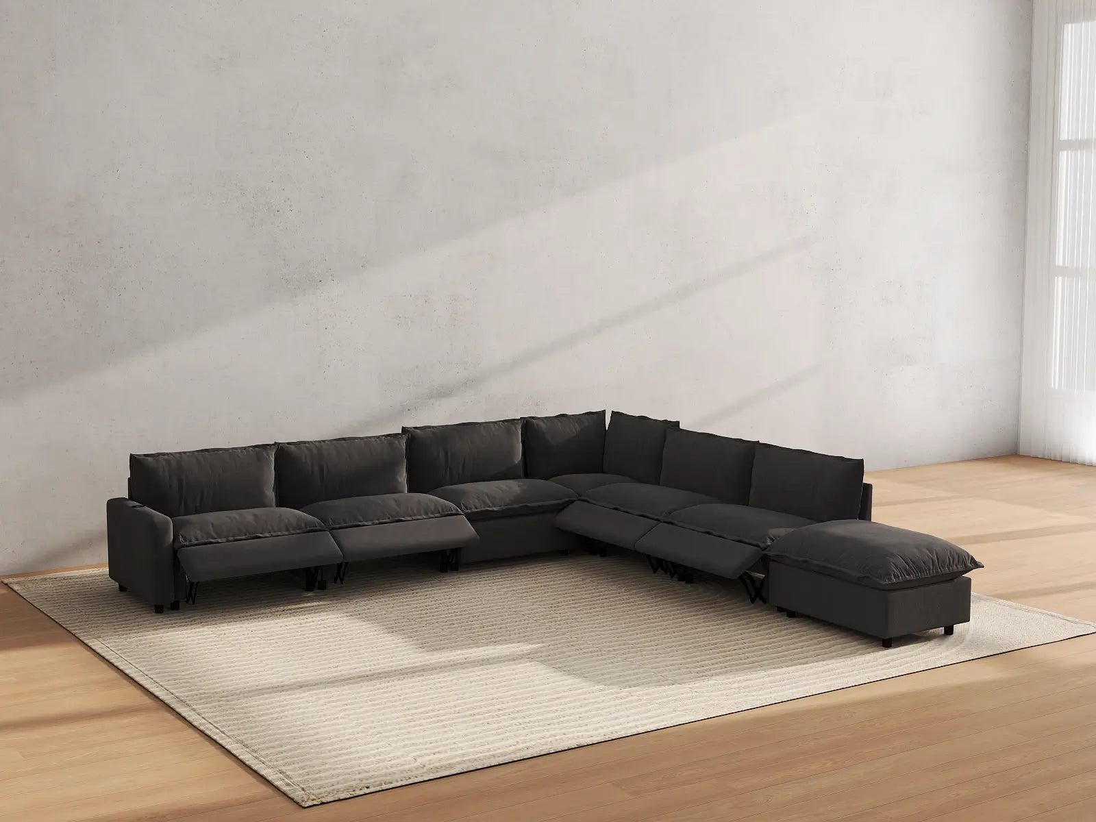 Modular Cero Reclining Sectionals | 7-Piece Grey Linen Grand Estate V-Shaped Sectionals 6-Seater with 1-Ottoman