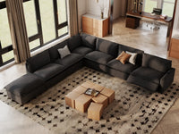 Modular Cero Reclining Sectionals | 7-Piece Grey Linen Large Space V-Shaped Sectionals 6-Seater with 1-Ottoman