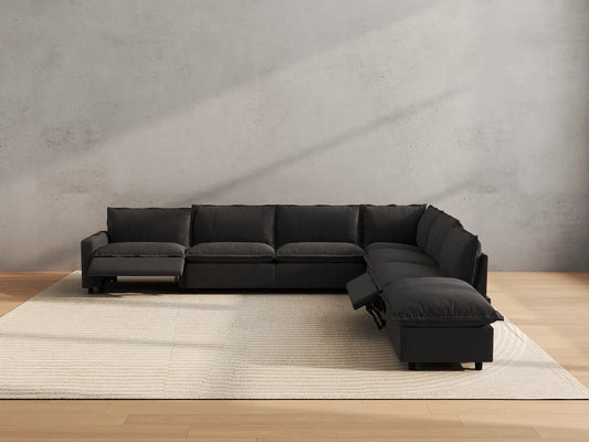 Modular Cero Reclining Sectionals | 7-Piece Grey Linen Large Space V-Shaped Sectionals 6-Seater with 1-Ottoman