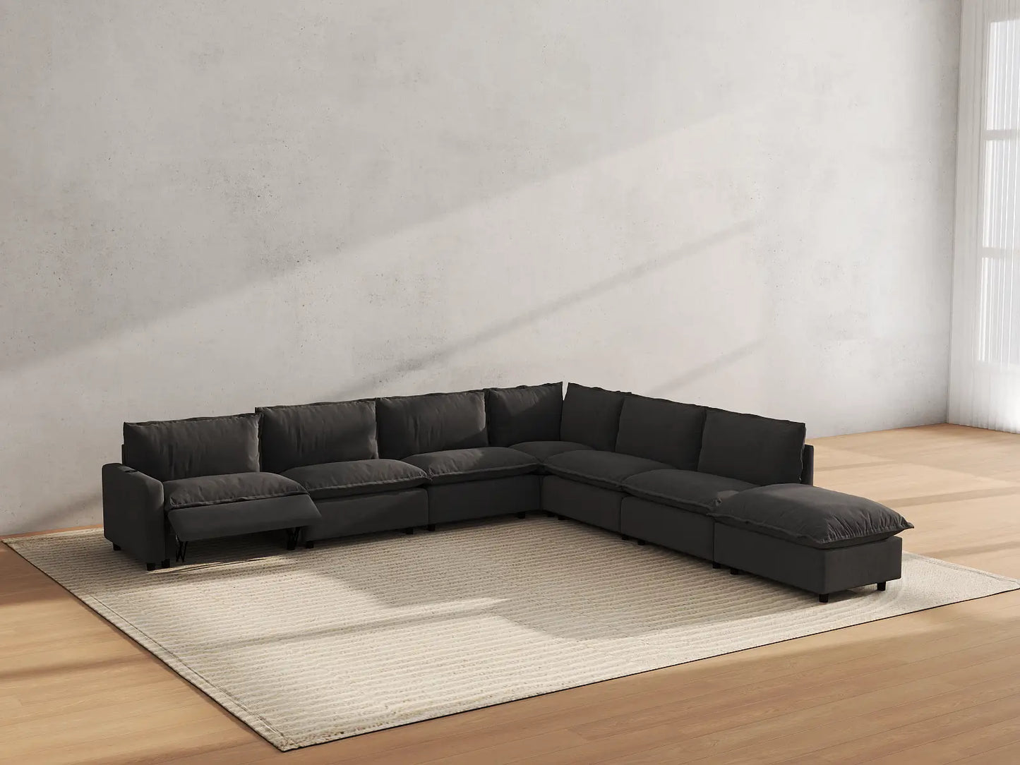 Modular Cero Reclining Sectionals | 7-Piece Grey Linen Large Space V-Shaped Sectionals 6-Seater with 1-Ottoman