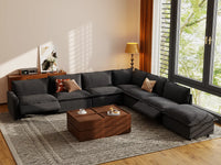 Modular Cero Reclining Sectional with Chaise Lounge | 7-Piece Grey Linen Large Space V-Shaped Sectionals 6-Seater with 1-Ottoman