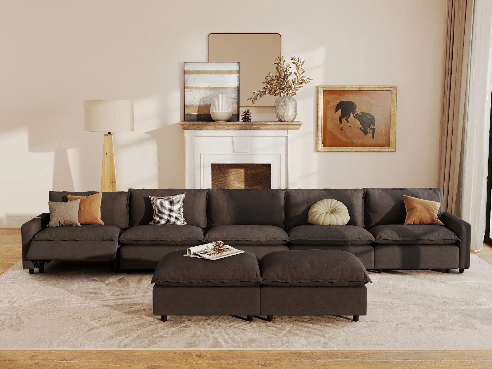 7 Piece Grey Linen Precision Adjust Sofa Sets 5 Seater with 2 Ottomans 7