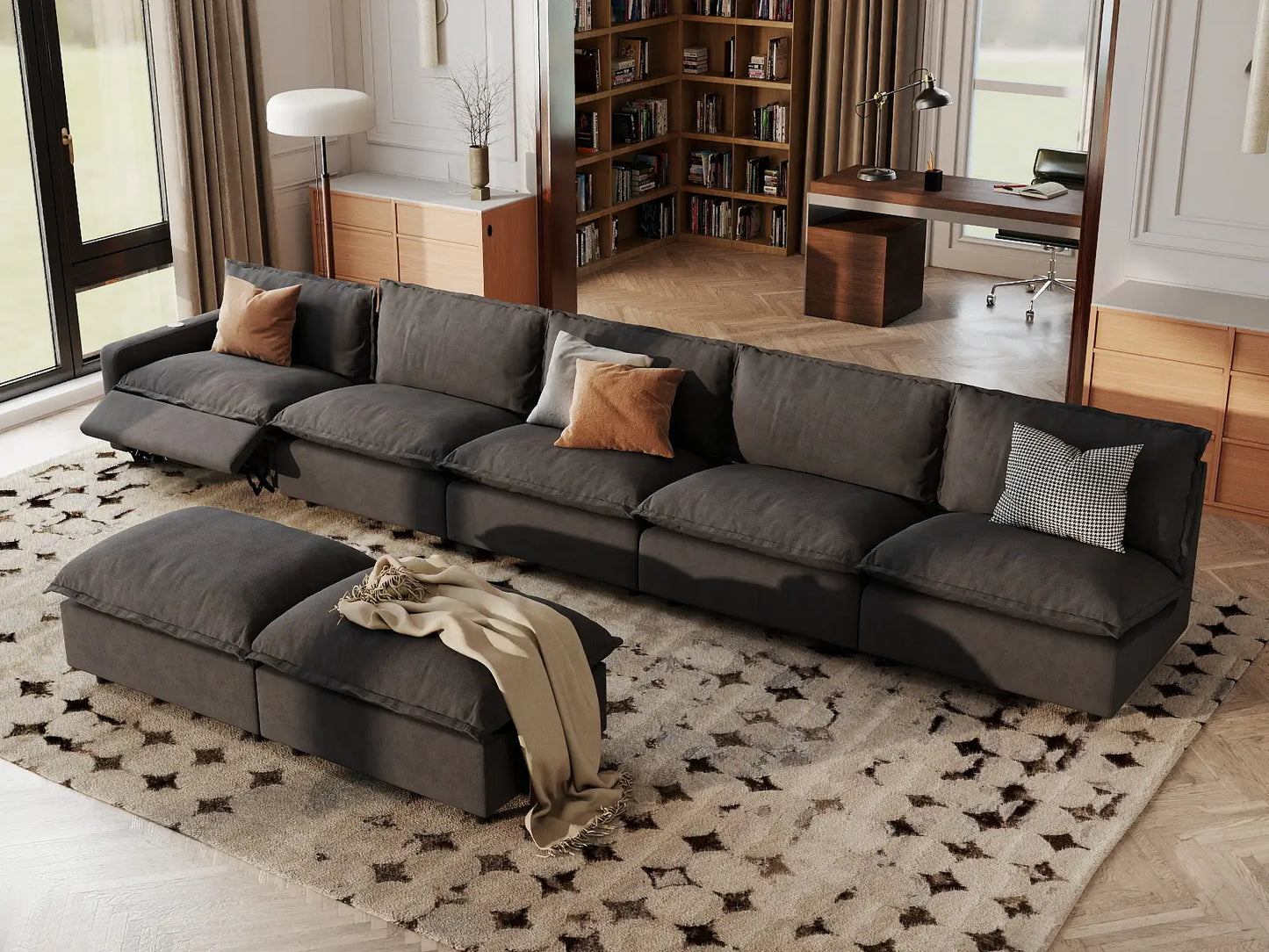 7 Piece Grey Linen Stop Any Angle Sofa Sets 5 Seater with 2 Ottomans 1