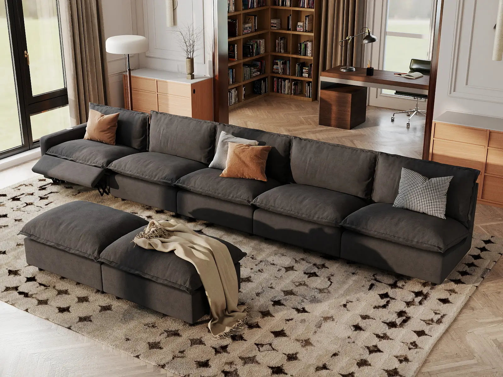 7 Piece Grey Linen Stop Any Angle Sofa Sets 5 Seater with 2 Ottomans 1