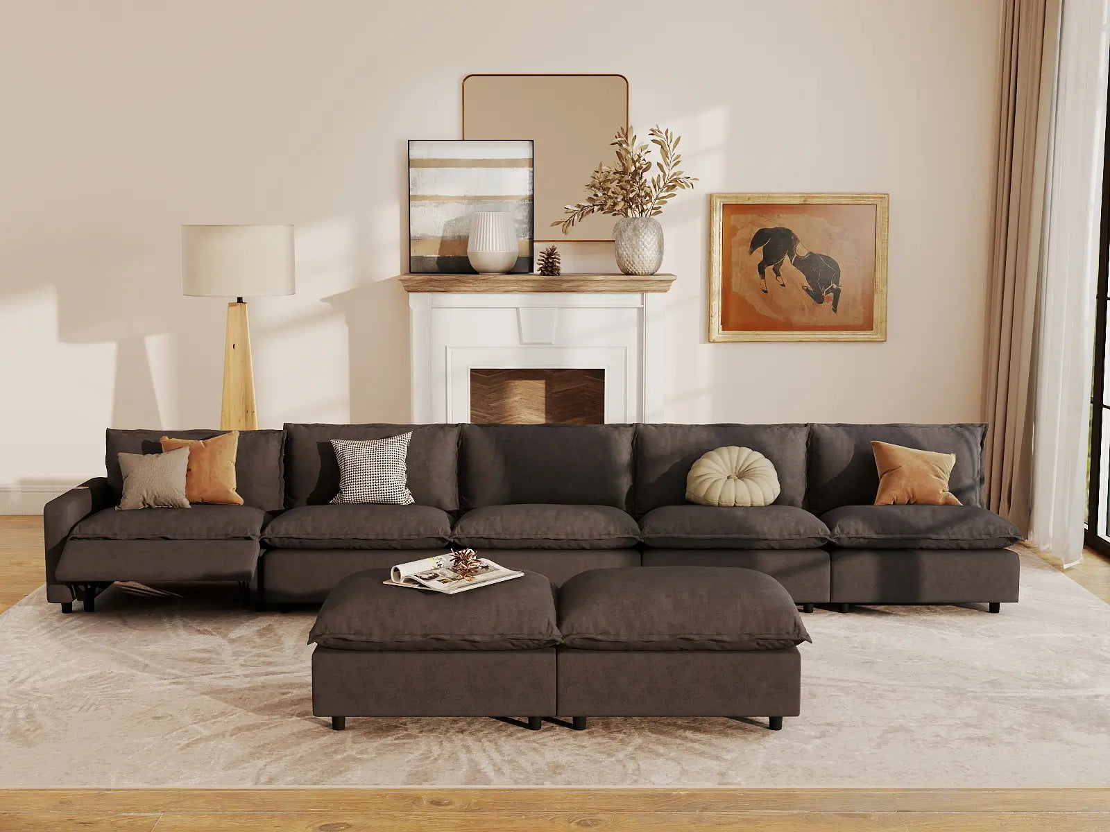 7 Piece Grey Linen Stop Any Angle Sofa Sets 5 Seater with 2 Ottomans 7