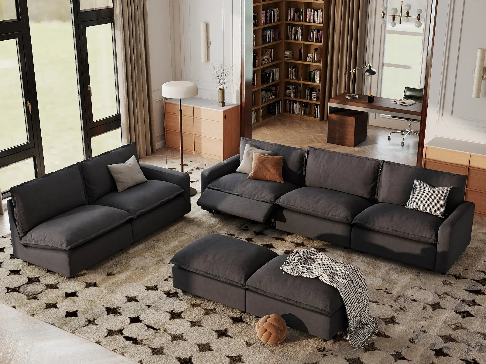 7 Piece Grey Linen VIP Lounge Seat Sofa Sets 5 Seater with 2 Ottomans 1