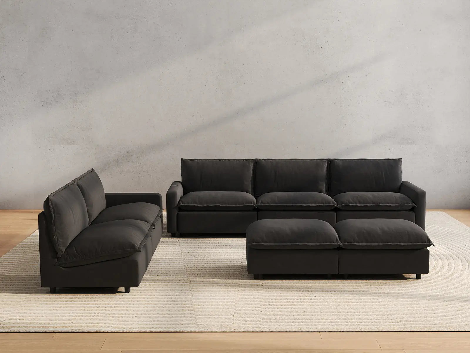 7 Piece Grey Linen VIP Lounge Seat Sofa Sets 5 Seater with 2 Ottomans 4