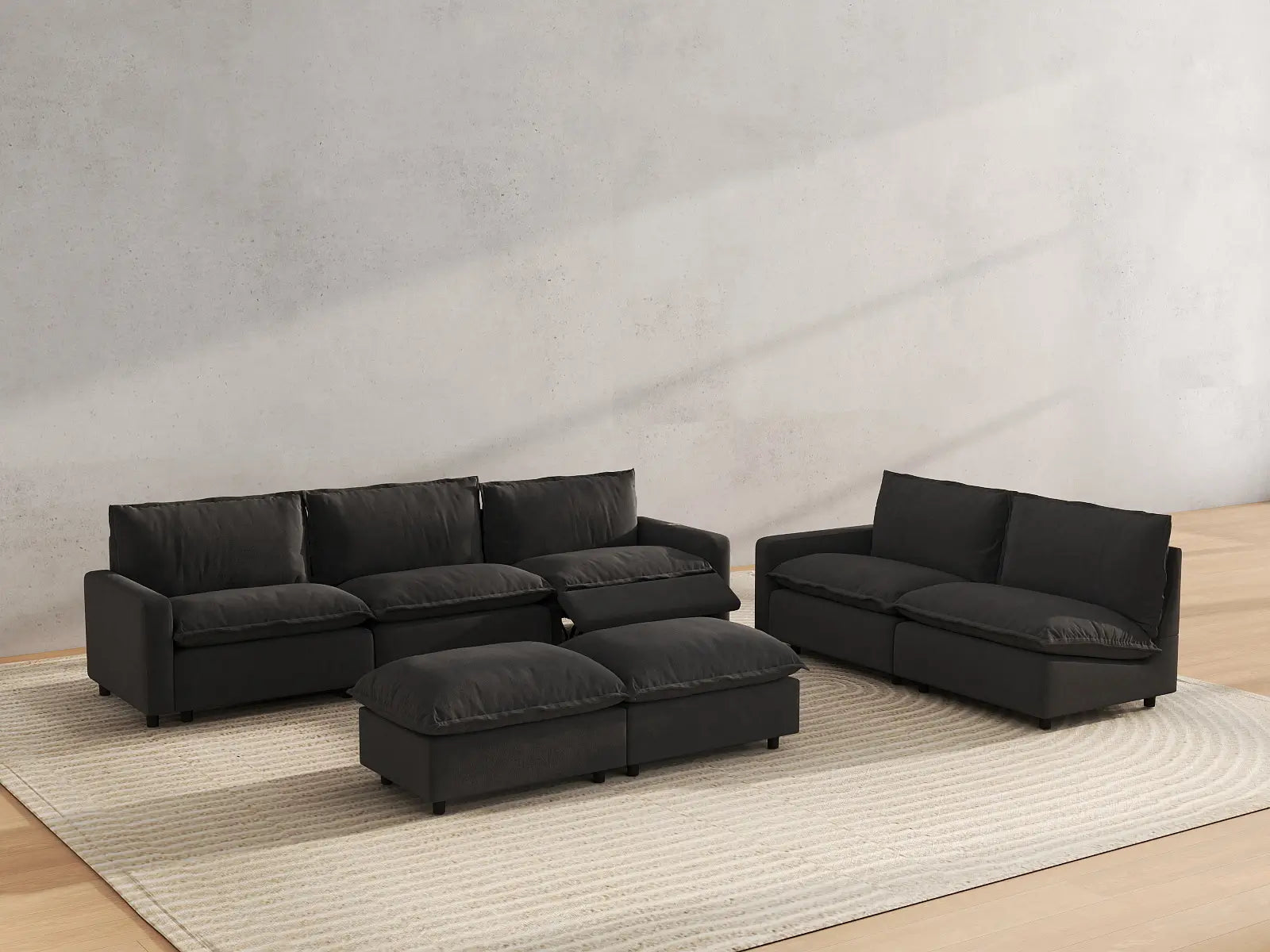 7 Piece Grey Linen VIP Lounge Seat Sofa Sets 5 Seater with 2 Ottomans 6