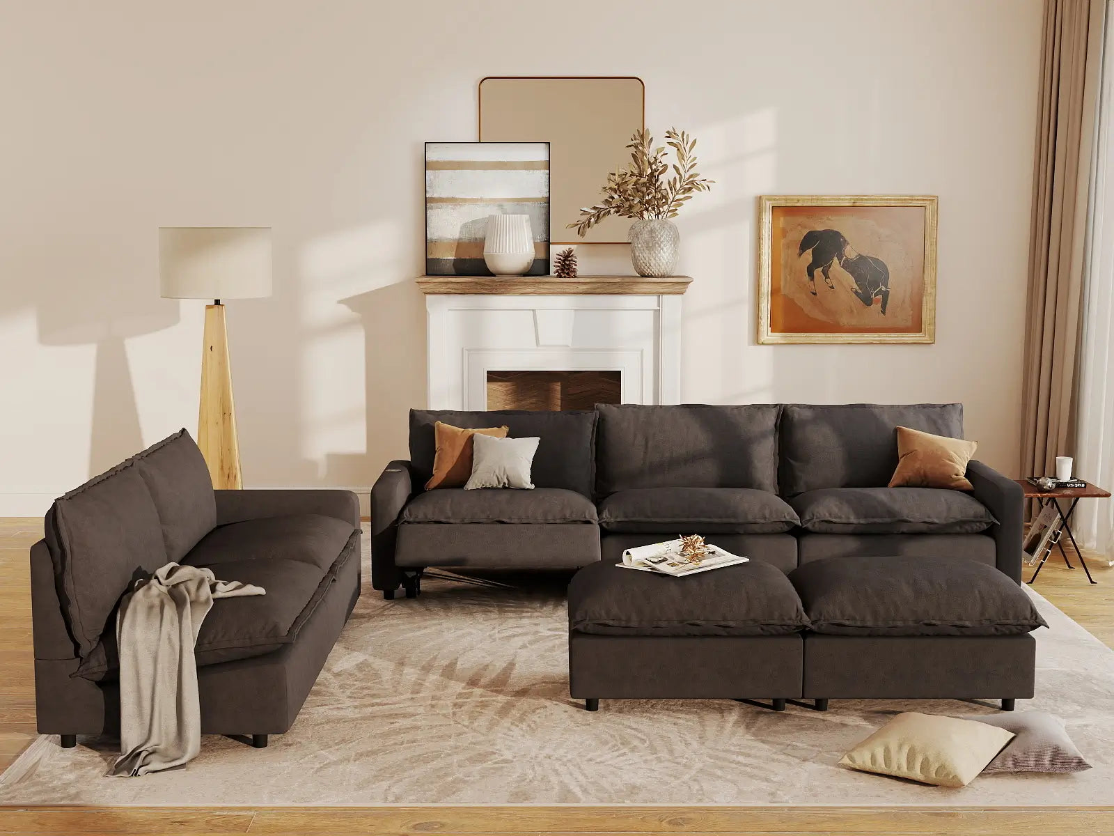 7 Piece Grey Linen VIP Lounge Seat Sofa Sets 5 Seater with 2 Ottomans 7