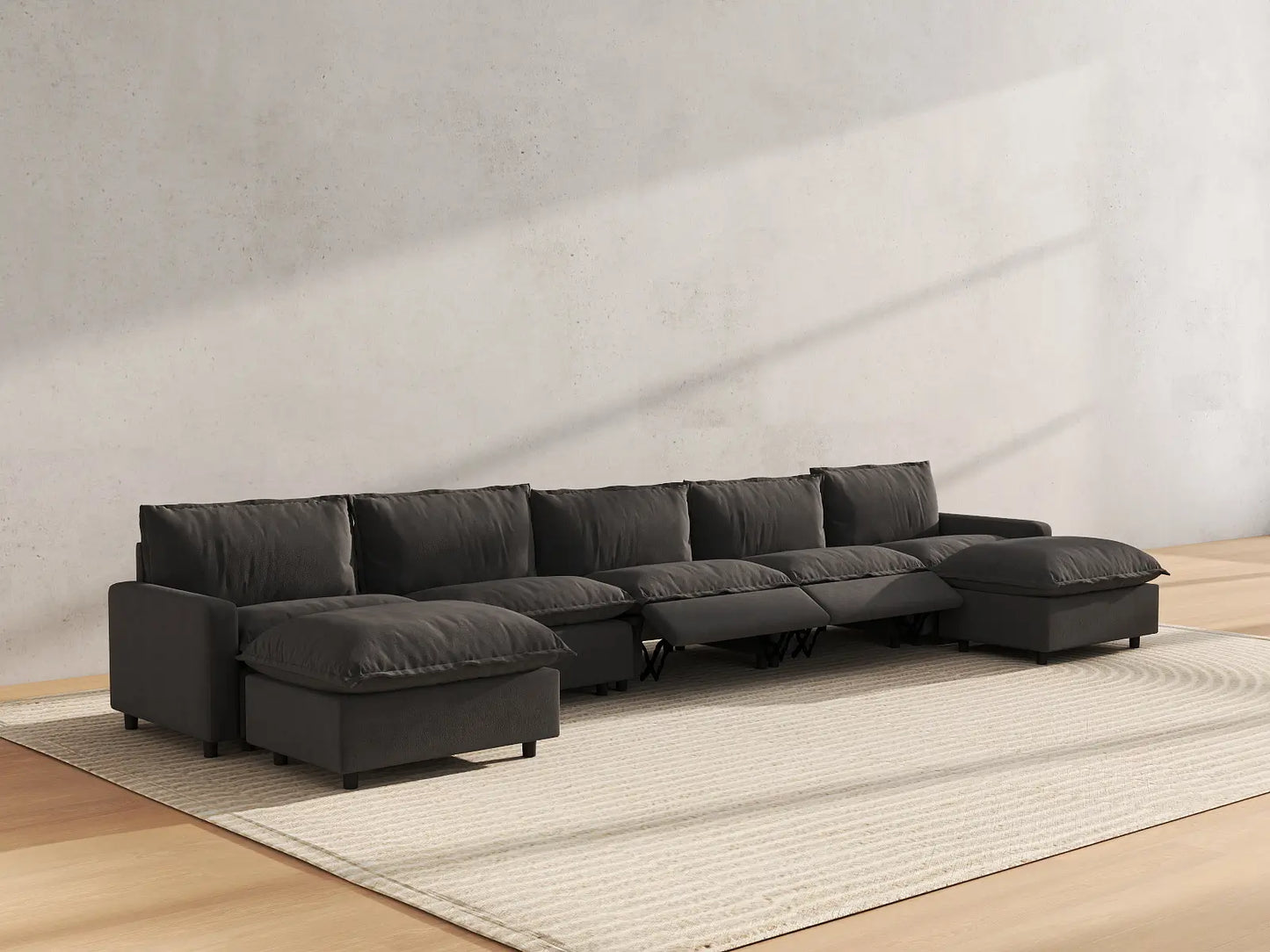 7 Piece Grey Linen Work Or Nap U Shaped Sectionals 5 Seater with 2 Ottomans 6