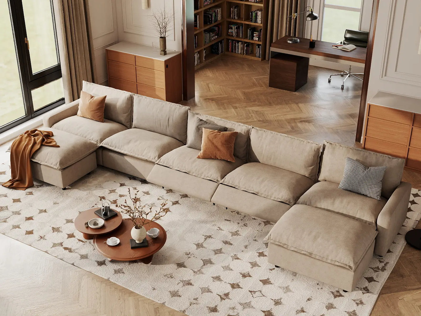 7 Piece Khaki Linen Deep Relaxation U Shaped Sectionals 5 Seater with 2 Ottomans 1
