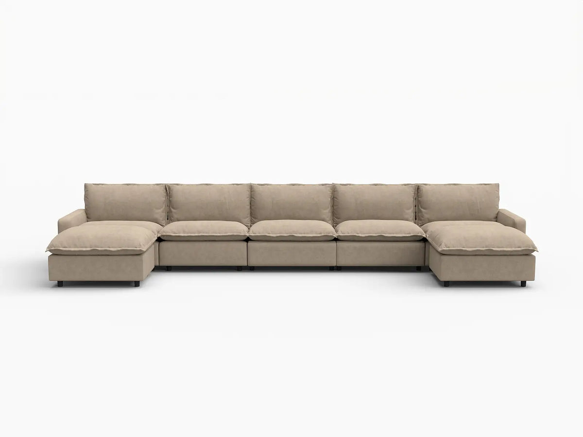 7 Piece Khaki Linen Deep Relaxation U Shaped Sectionals 5 Seater with 2 Ottomans 2