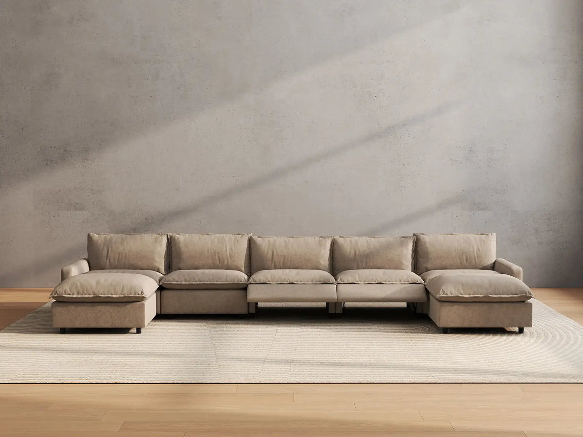 7 Piece Khaki Linen Deep Relaxation U Shaped Sectionals 5 Seater with 2 Ottomans 5
