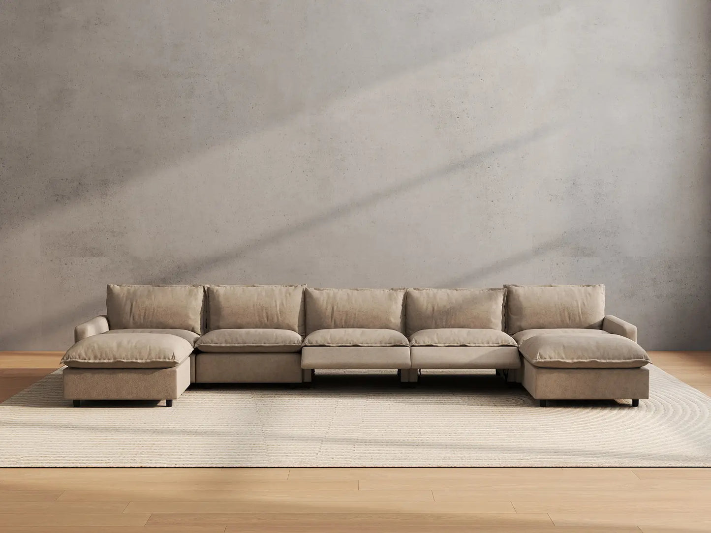 7 Piece Khaki Linen Deep Relaxation U Shaped Sectionals 5 Seater with 2 Ottomans 5
