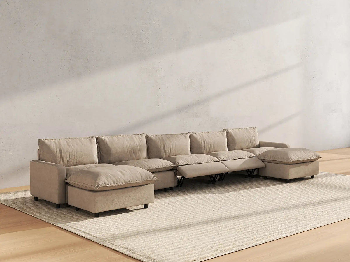 7 Piece Khaki Linen Deep Relaxation U Shaped Sectionals 5 Seater with 2 Ottomans 6