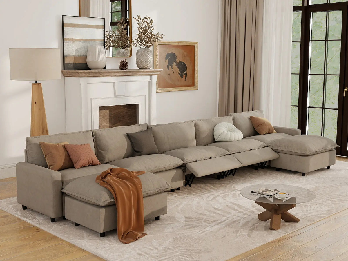 7 Piece Khaki Linen Deep Relaxation U Shaped Sectionals 5 Seater with 2 Ottomans 7