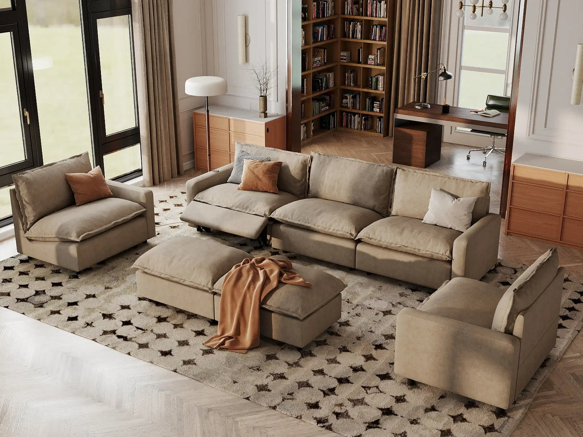 7 Piece Khaki Linen Everyone Reclines Sofa Sets 5 Seater with 2 Ottomans 1