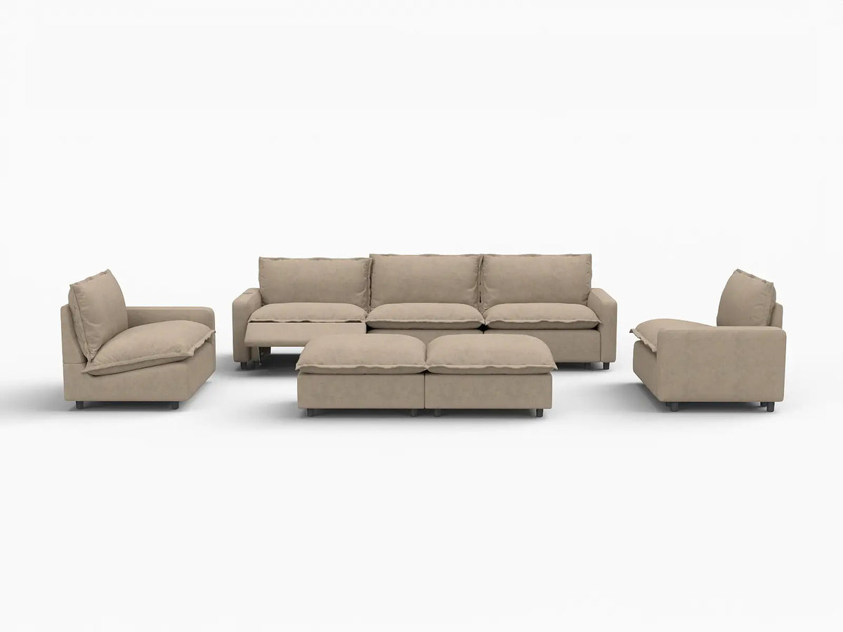 7 Piece Khaki Linen Everyone Reclines Sofa Sets 5 Seater with 2 Ottomans 2