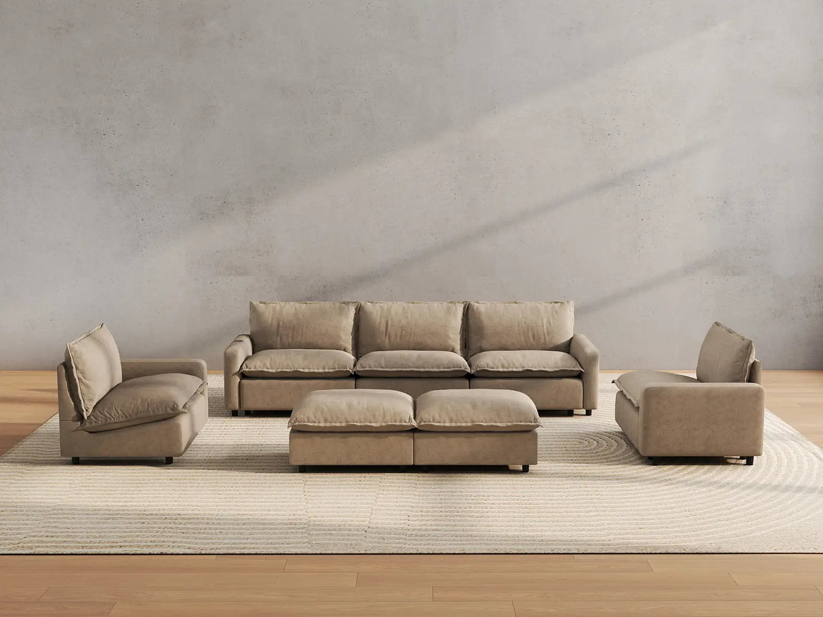 7 Piece Khaki Linen Everyone Reclines Sofa Sets 5 Seater with 2 Ottomans 5