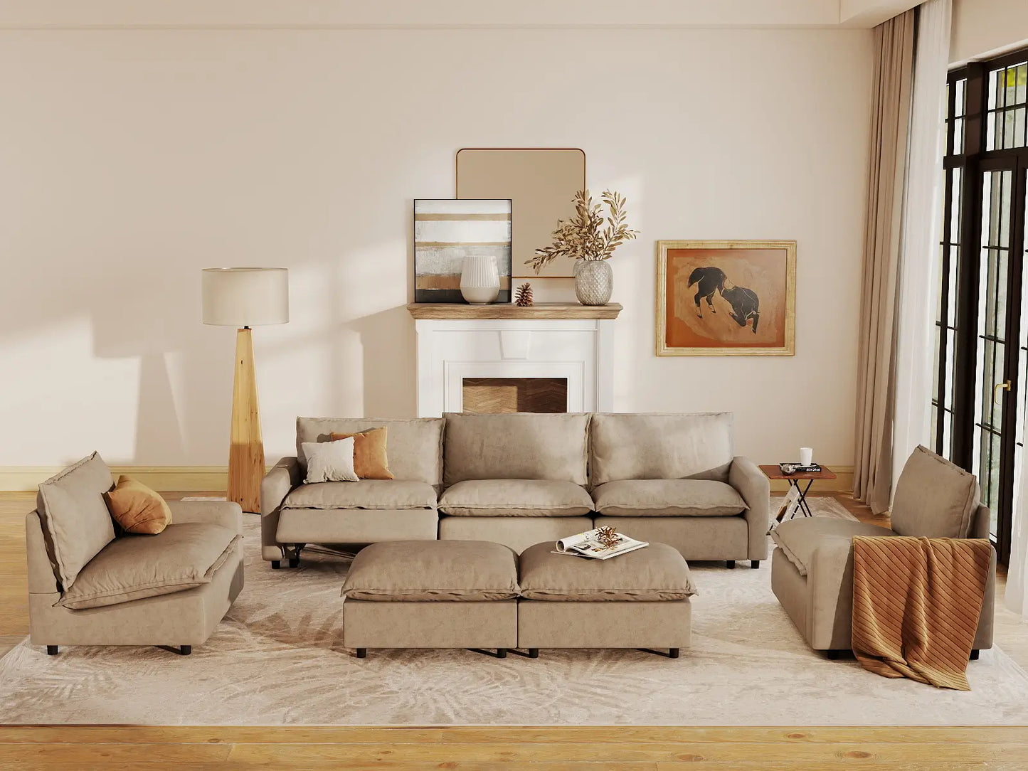 7 Piece Khaki Linen Everyone Reclines Sofa Sets 5 Seater with 2 Ottomans 7