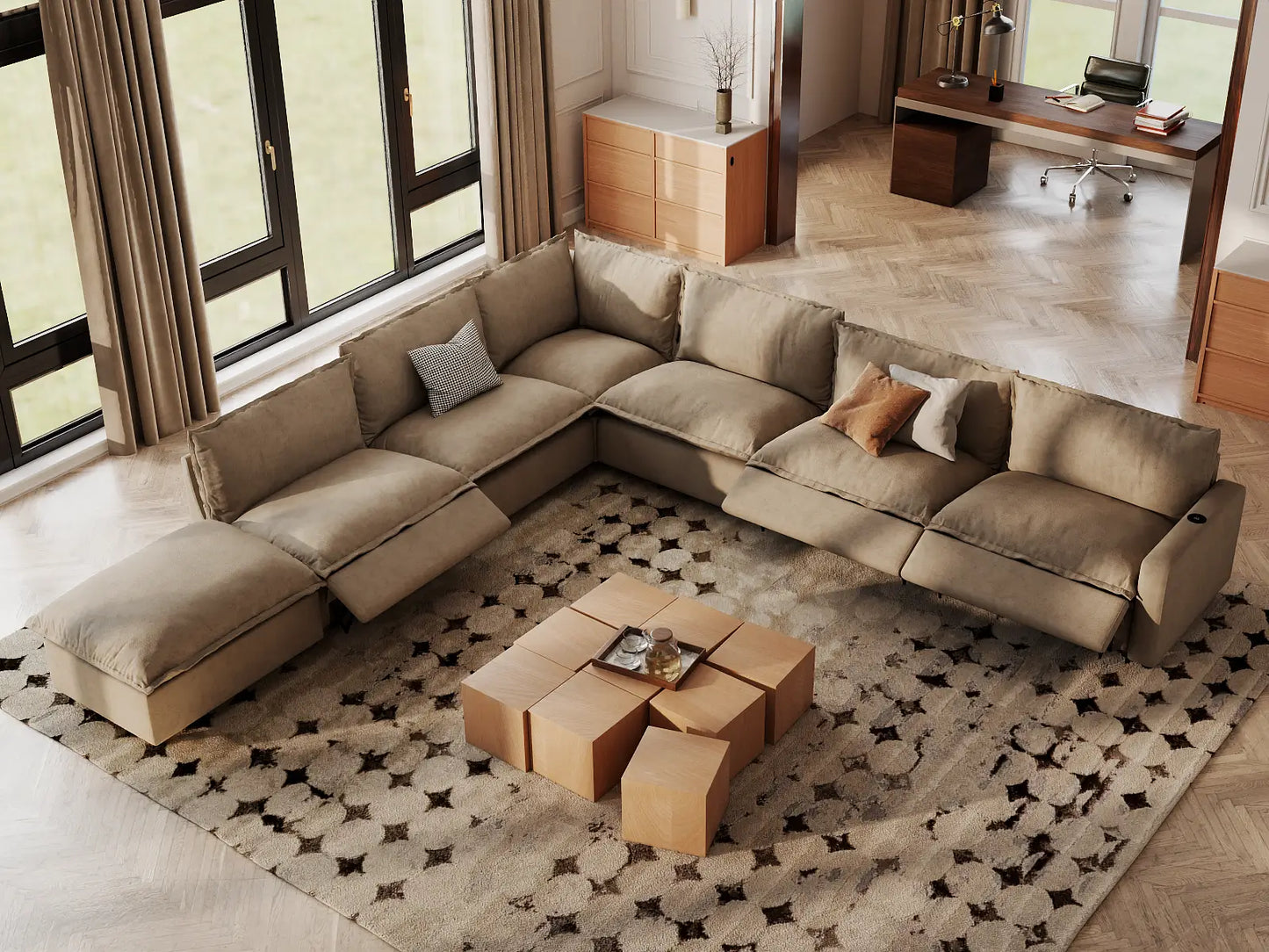 Modular Cero Reclining Sectionals | 7-Piece Khaki Linen Grand Estate V-Shaped Sectionals 6-Seater with 1-Ottoman