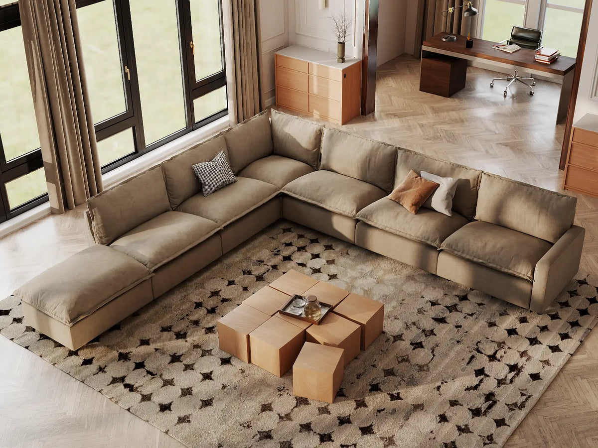 Modular Cero Modular Sectionals | 7-Piece Khaki Linen Grand Estate V-Shaped Sectionals 6-Seater with 1-Ottoman